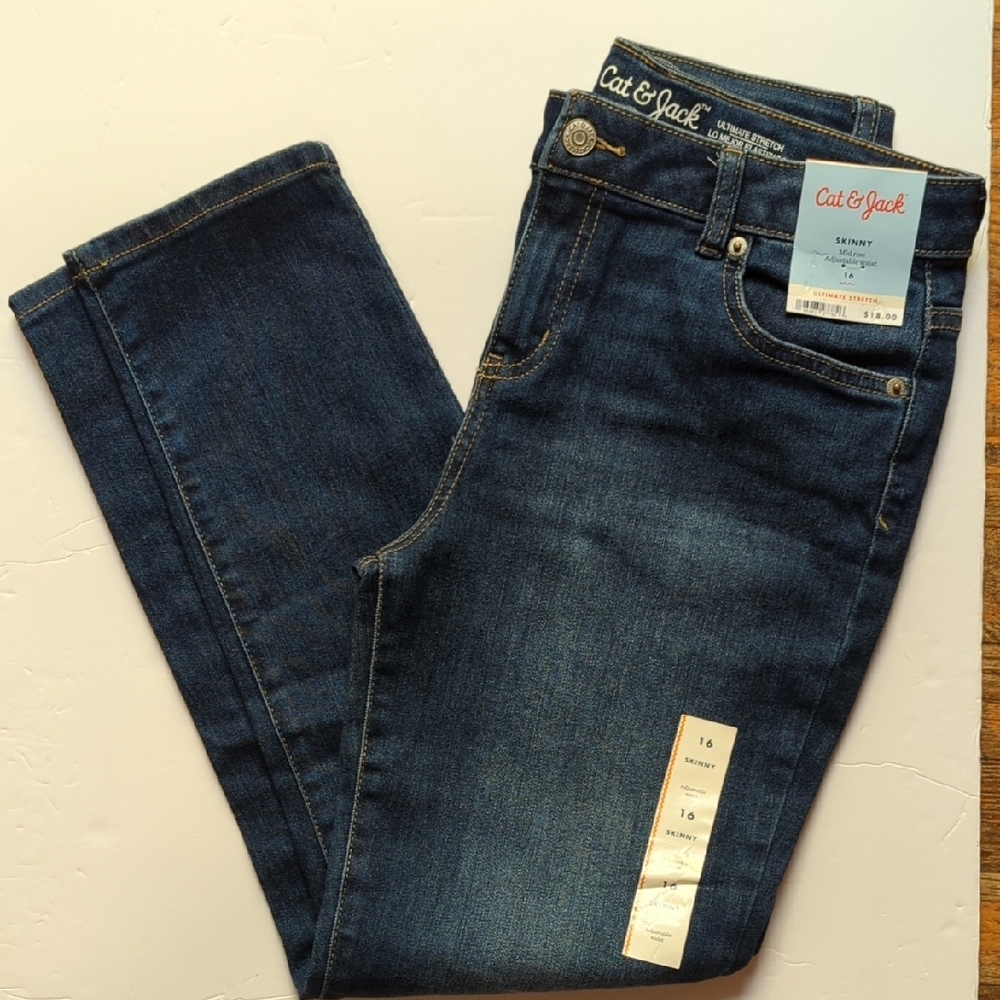 NWT 2 PAIRS Cat & Jack Mid-Rise Skinny Jeans  Adjustable Waist SZ 16 - Picture 2 of 12
